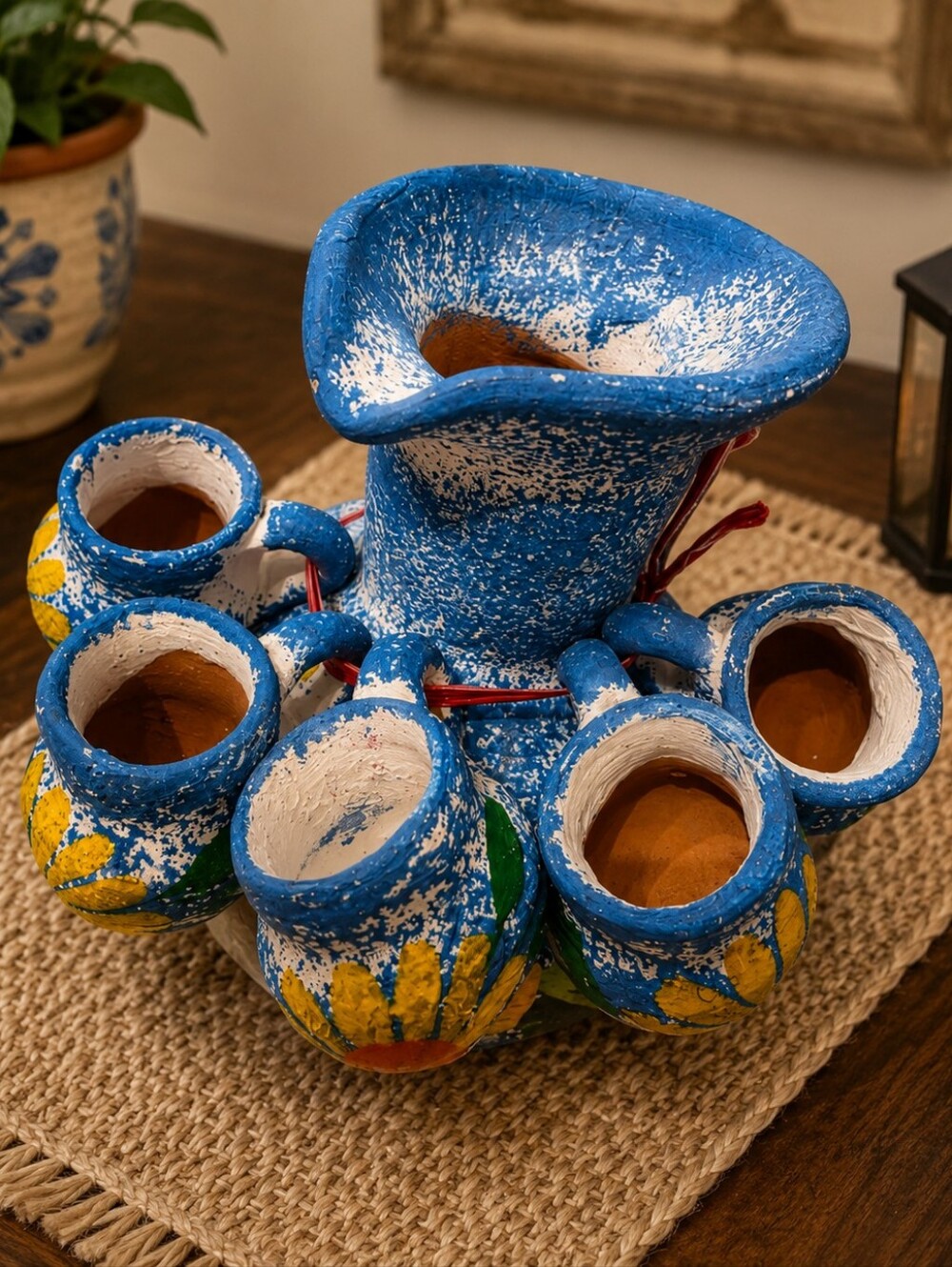 Handcrafted Blue and Yellow Ceramic Vase Set